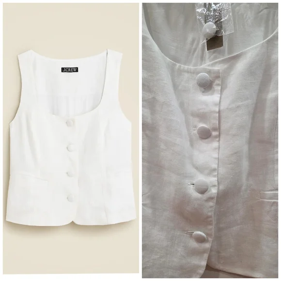 NWY J. Crew White Linen Button-Front Square-Neck Tank - Picture 2 of 9